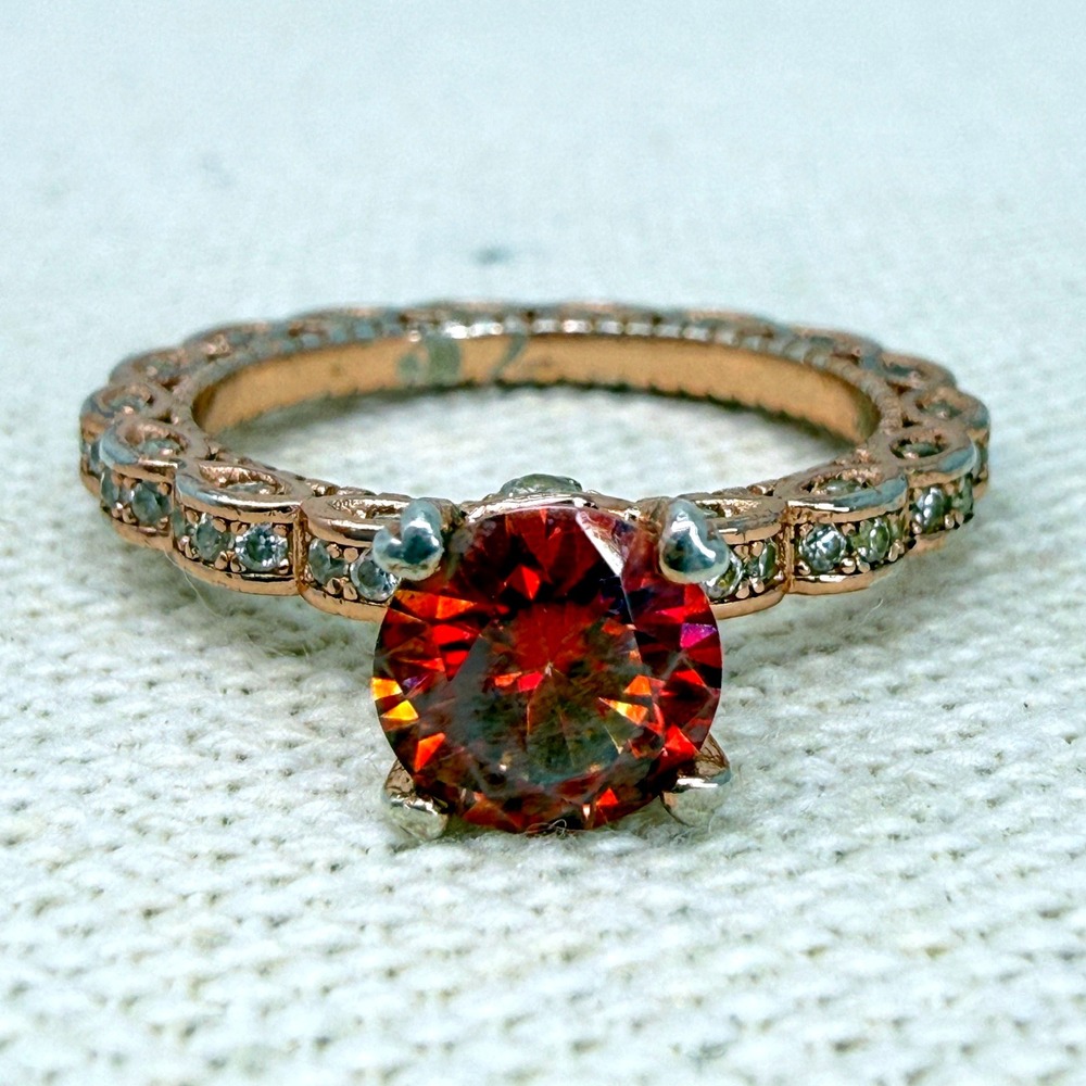 Sterling Silver Rose Gold Plated Red Round Cut Moissanite Filigree Cocktail Ring